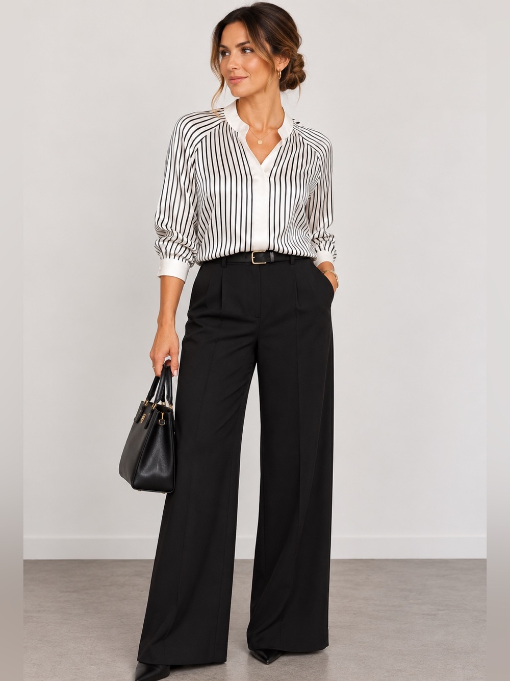 H&M Black & Ivory Striped Satin Sheen Blouse Size Medium